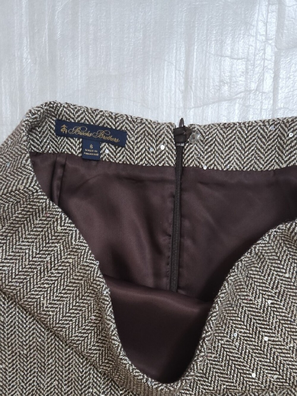 Brooks Brothers Brown and White Herringbone Pencil Skirt With Sparkle - Picture 3 of 9